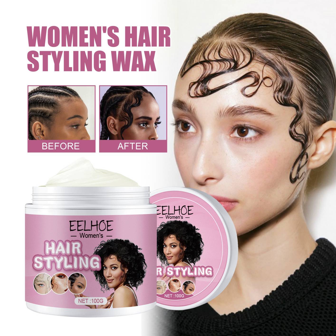 EELHOE Hair Styling Wax Cream for Women 24 Hour Strong Hold Non-greasy Smoother Edge Tame Pomade Edge Control Gel for 4C Hair