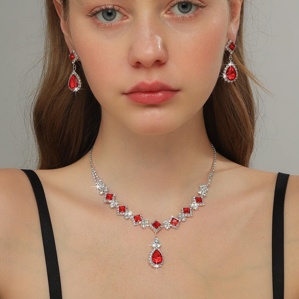 Minimalist Luxurious Gemstone 2Pcs Necklace Earrings Bridal Jewelry Set Square & Teardrop Cut Crystals Adjustable 33cm+8cm Extension Chain Four Color Options Sparkling Border Rhinestones Eco-friendly Alloy Elegant Accessories Wedding Photoshoot Banquet Evening Gown Stylish Women Formal Wear Holiday Gift Ornaments