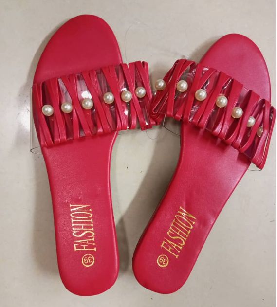 Women's outerwear fashion pearl decorative sandals flat heel ladies slippers - RED