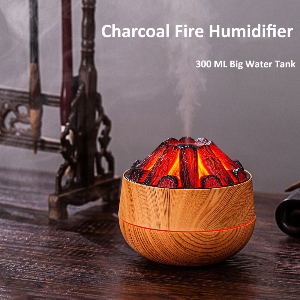 Retro Charcoal Fire & Firewood Shape Humidifier, Ultrasonic Silent Mist Aroma Diffuser with Warm Night Light, Decorative Desktop Fragrance Machine for Living Room, Bedroom, Household Indoor Use