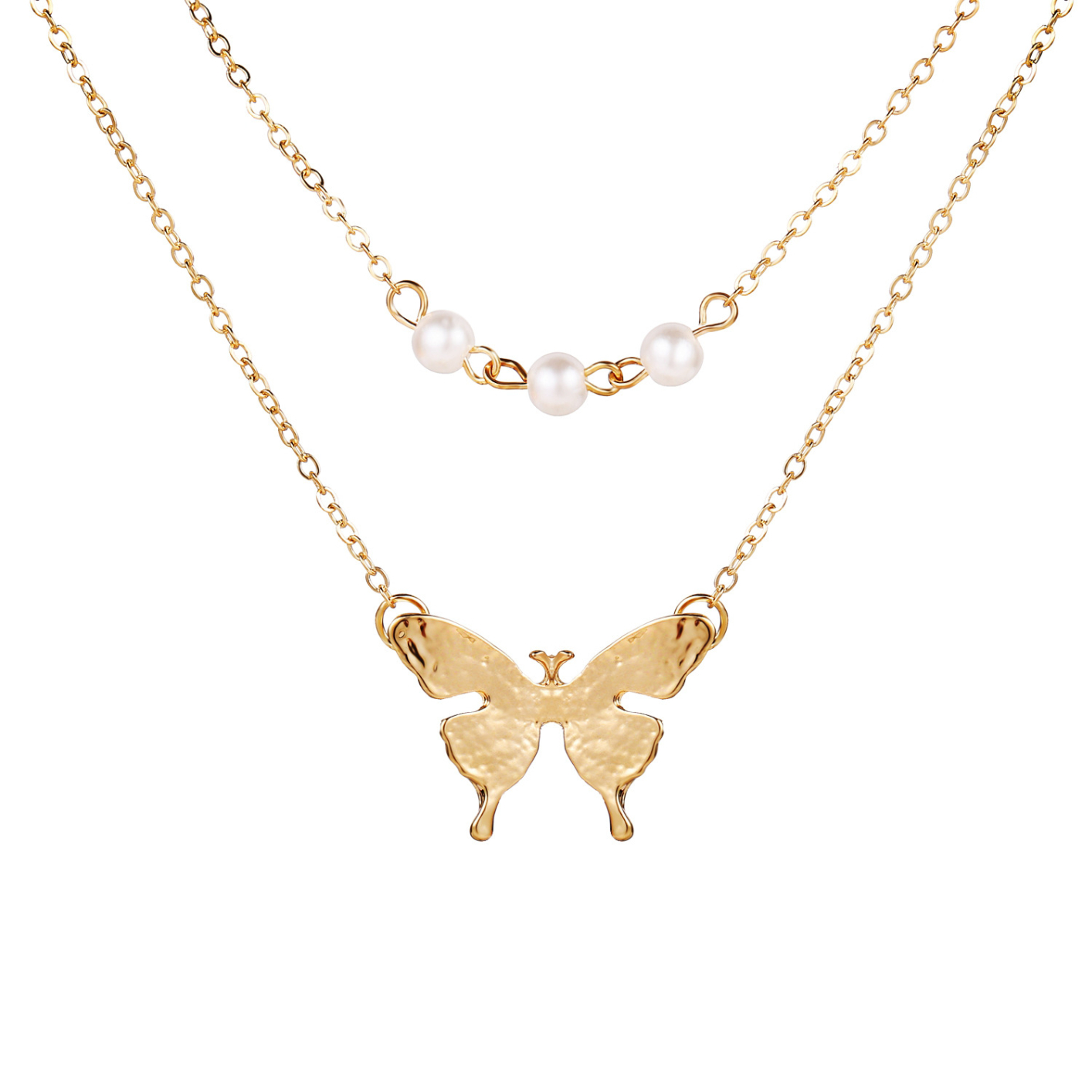 50710 Boho Multi Layer Gold Plated Butterfly Pendant Necklace For Women Faux Pearl Choker Necklace Female Y2K Jewelry