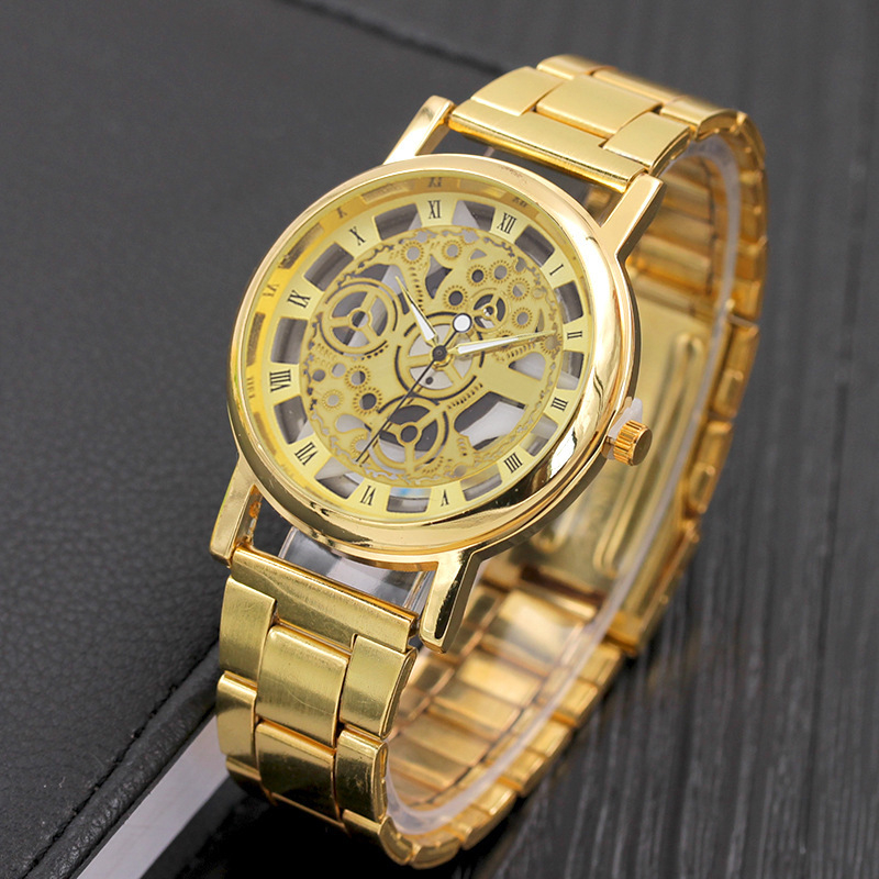 GD022 Fashion Gold Watches Steel Strap Hollow Dial Quartz Business Wristwatch For Men Gift
