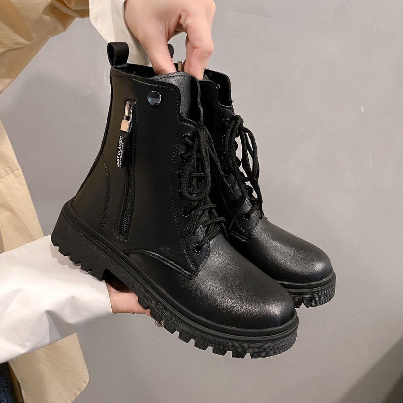 Martin Boots Women's 2025 Autumn New thick-heeled mid-heeled ankle boots with side zippers and British-style front lacing motorcycle boots are in stock