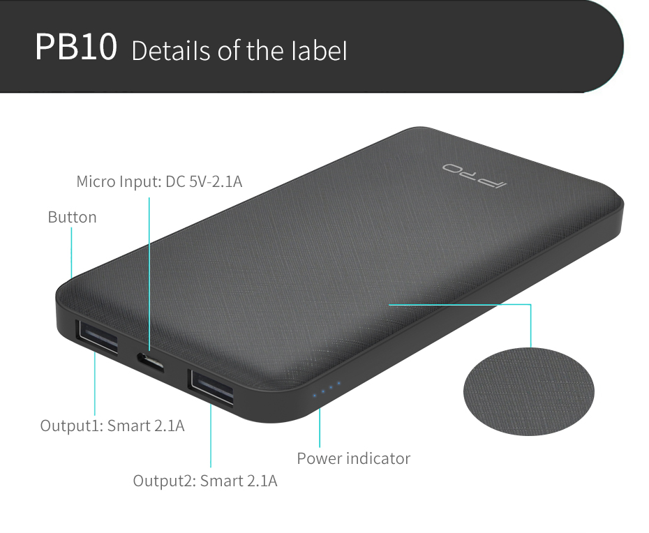 IPRO PB10 Power Bank 10000mAh with 1 Micro 2 USB Interface External Charging For Smart Mobile Phone Laptops Iphone Samsung Xiaomi Infinix Battery Charger Outside