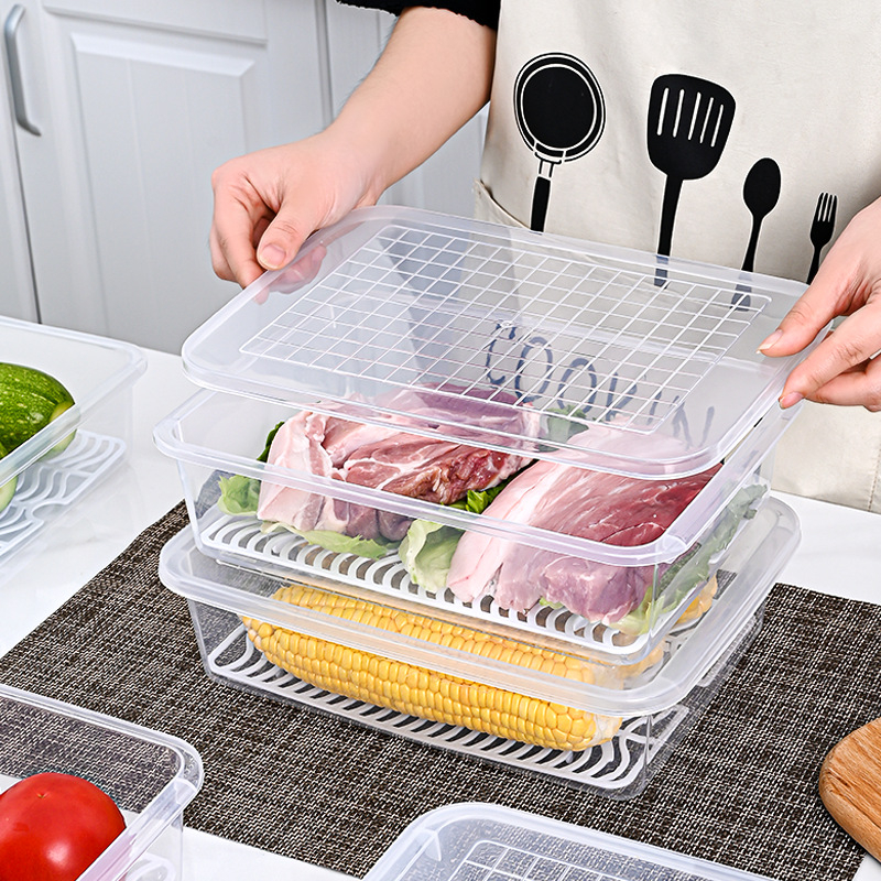 8321 Plastic Food Drain Storage Container Kitchen Fridge Rectangle Drain Organizer Box for Keeping Fruit Meat Fish Vegetable Fresh
