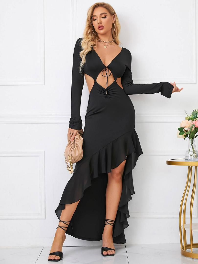 Long Sleeves Backless Hollow Out Bandage Ruffles Maxi Dress Summer, Fall Elegant Outfit Vacation Party Dress