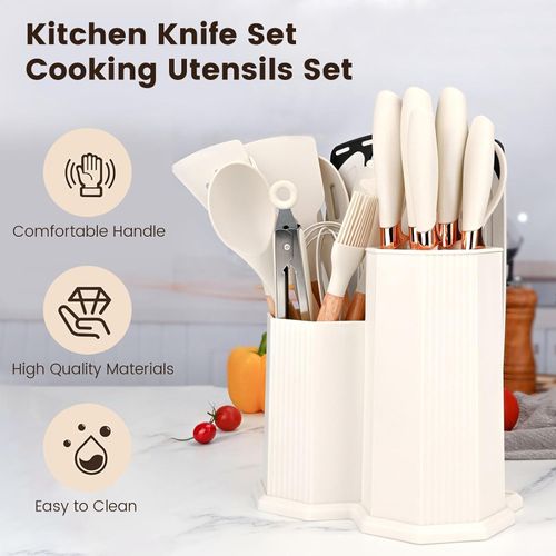  Kitchen 19PCS Silicone Utensils Cooking Sets Wood Handle Knife Set With Cutting board Silicone 19-piece Set Kitchen Accessories