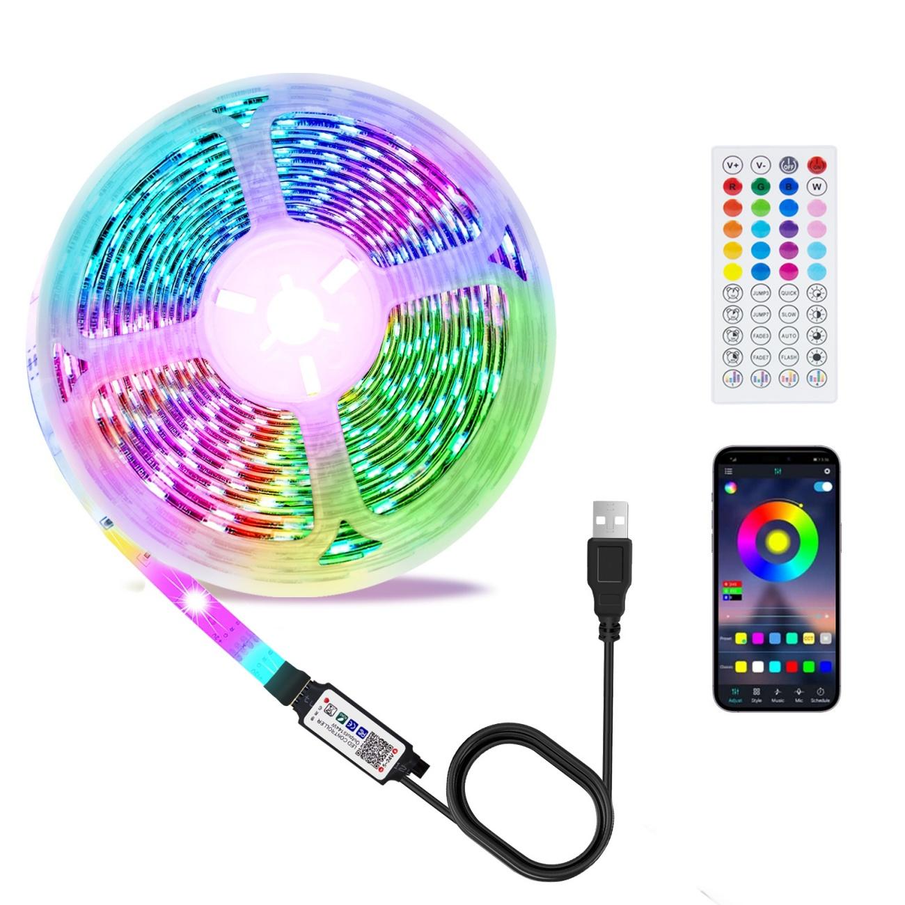 5V USB Powered LED RGB Strip Light, 16 Million Colors七彩氛围Light, Self-Adhesive Backing Easy Installation, Flexible TV Background Light for Home Decoration, Festival Party, Bedroom Living Room, Non-Waterproof Indoor Use
