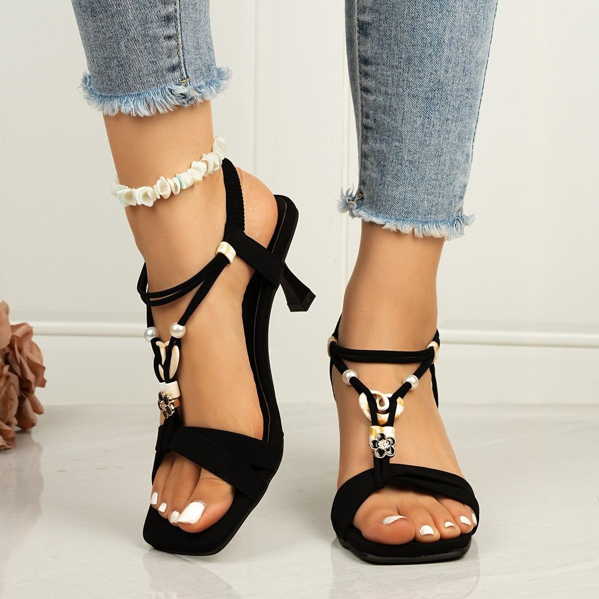 2025 new summer boho casual sandals women's square head open toe elastic beaded Roman sandals