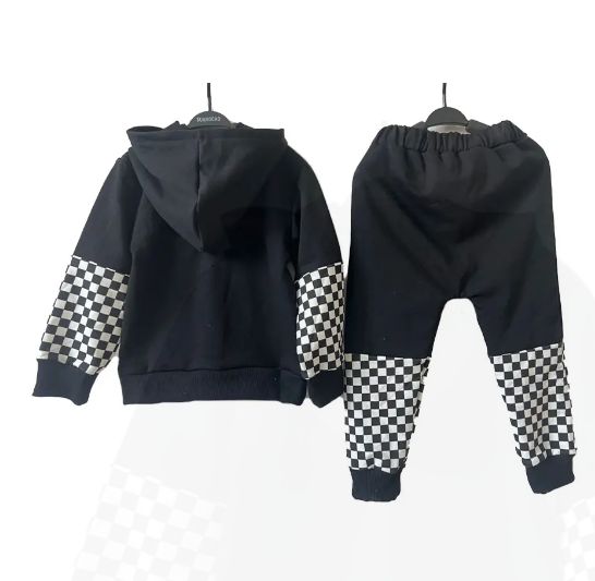 Black And White Checkered Blocks Boys Hoodie Sweatshirts Joggers Pants Set