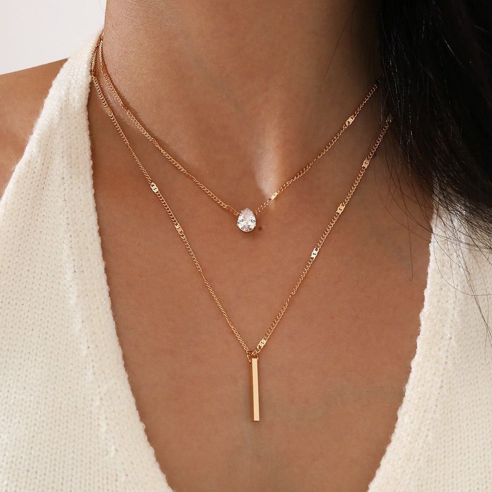 X0764 Women's New Fashion Double Stacked Necklace Teardrop Shaped Long Tassel Pendant Necklace Two-Piece