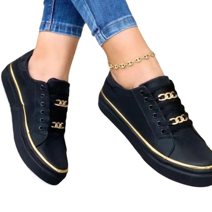 Large-size Europe and the United States thick sole chain sports wind low-top single shoes for women leather front lace-up set feet casual single shoes 2097