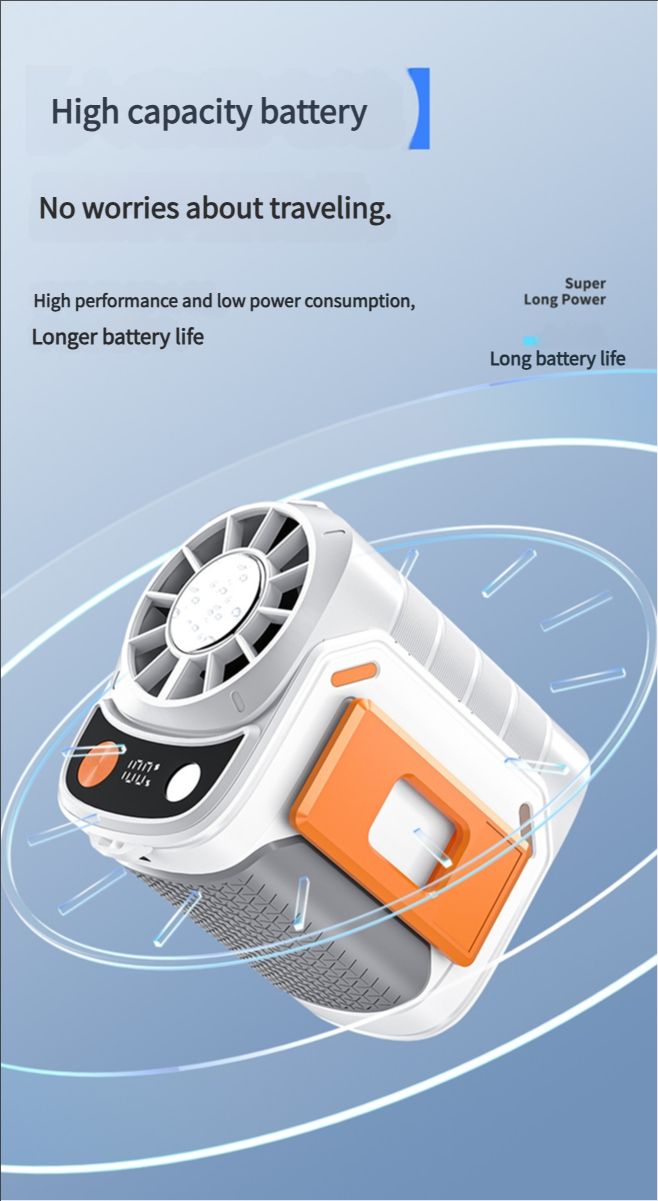Portable belt air conditioning fan, rechargeable 3-in-1 semiconductor cooling hanging belt fan, equipped with 6000mAh battery and flashlight, three wind speeds, digital display, suitable for construction sites, outdoor, farms, fishing, camping