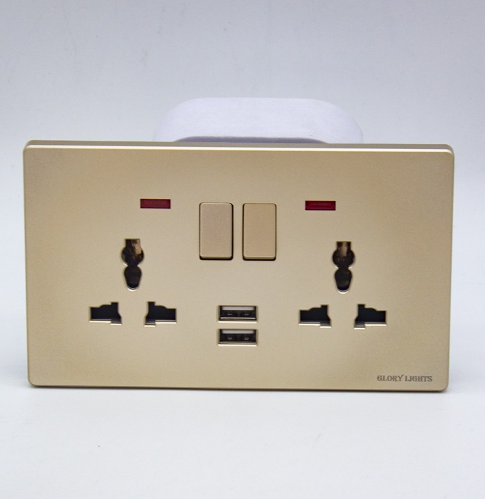 Electric Flat Socket with Two USB Charging Ports 13A (Gold)