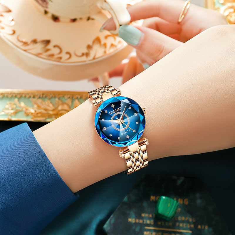 Fashion Ladies Watch Starry Diamond Surface Bright Polygonal Glass Solid Stainless Steel Strap Ladies Waterproof Watch