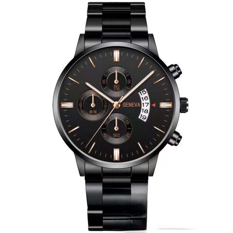 Calendar steel band watch men's large dial quartz watch men's watch foreign trade men's watch3 o'clock calendar black rose 