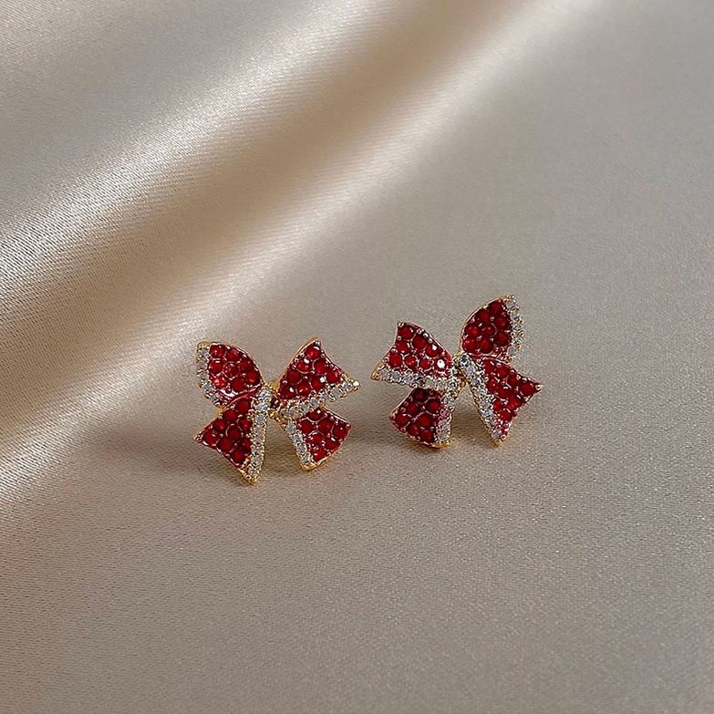 M1051 Crystal Red Rhinestone Bow Knot Earrings Stud Gold Tone Ribbon Statement