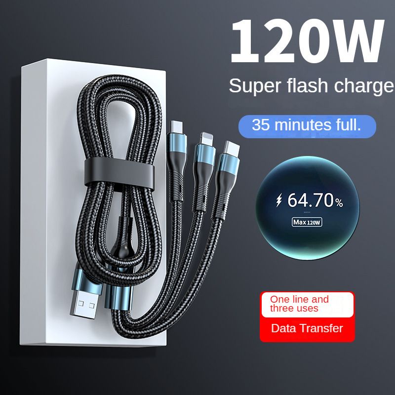 120W Charging Cable Data Cable Three-in-One Tpyec Super Fast Charge Vehicle-Mounted One-to-Three