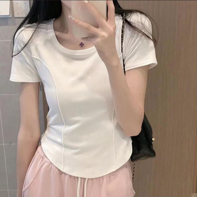 YF7816 Cotton Simple Summer Solid Color Slim Short Sleeve T-Shirt Tops New Sexy Fashion Age Reducing Short Ladies T-Shirt
