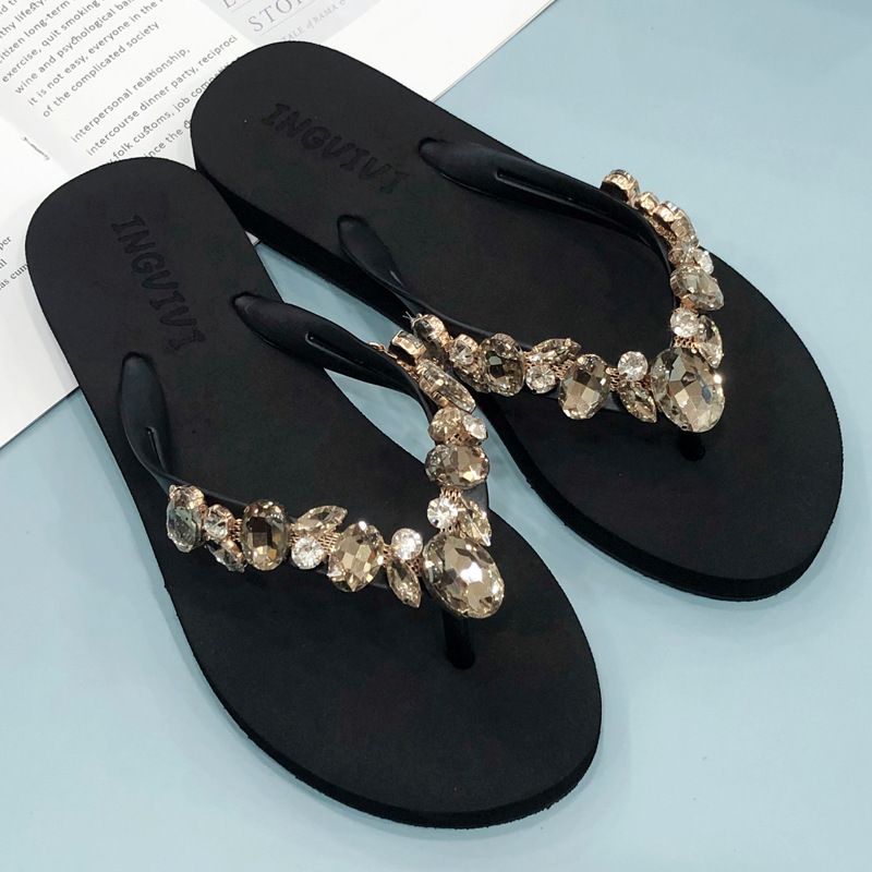 Summer new rhinestone flip flops, women's flat heel fashion clip toe slippers for casual wear, non slip summer beach sandals