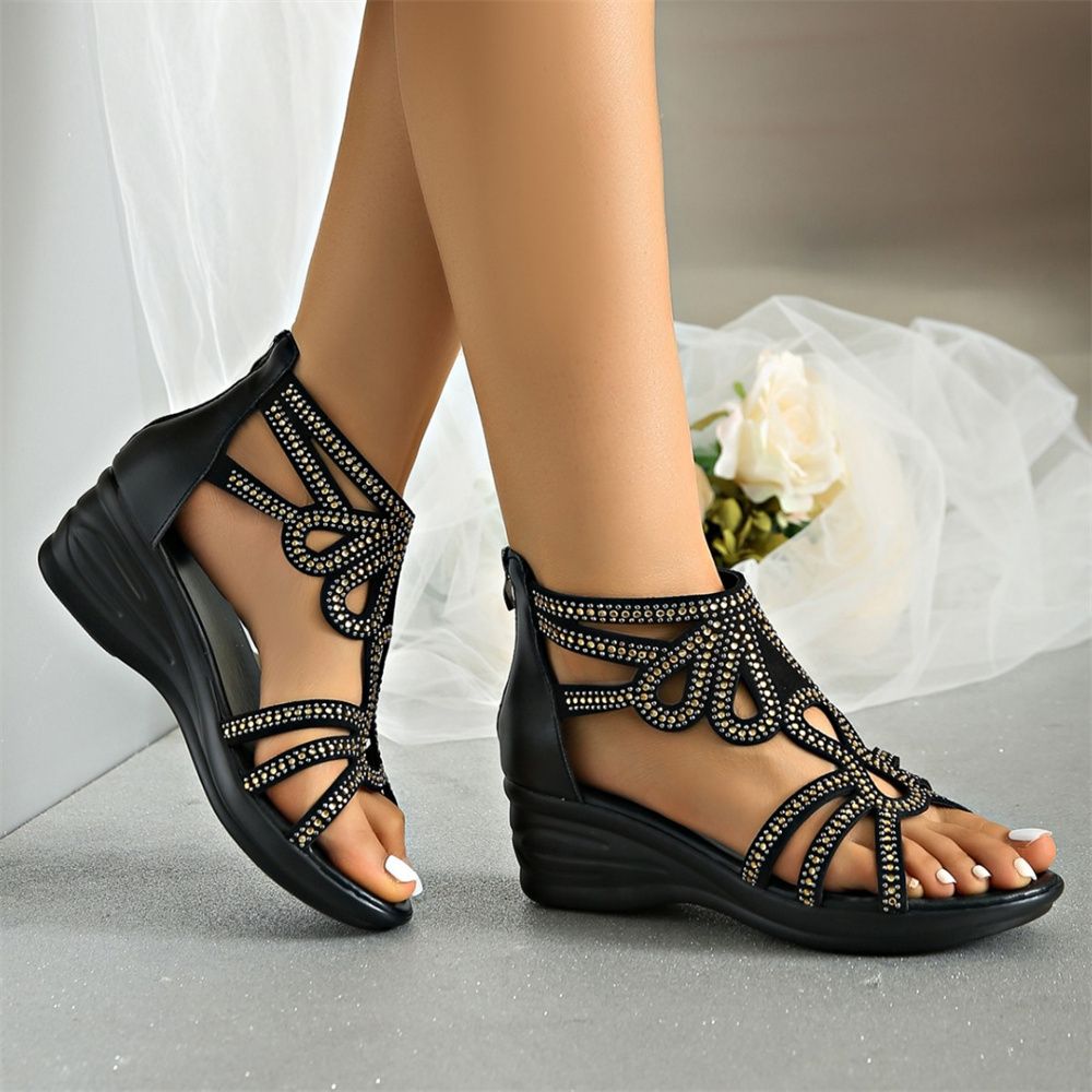 2024 new wedge heel thick bottom diamond round head open toe solid color back zipper women's large size Roman sandals dtb11