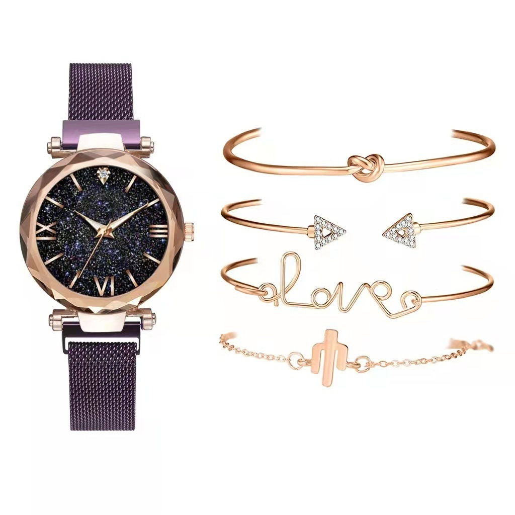 women's watch set of 5 elegant girls magnetic mesh strap design quartz watch