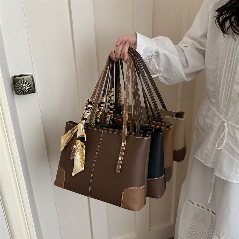Women's Large Capacity PU Leather Tote Bag, 30.5x20.5cm Casual Shoulder Bag with Silk Scarf Decor, Versatile Work & Daily Handbag
