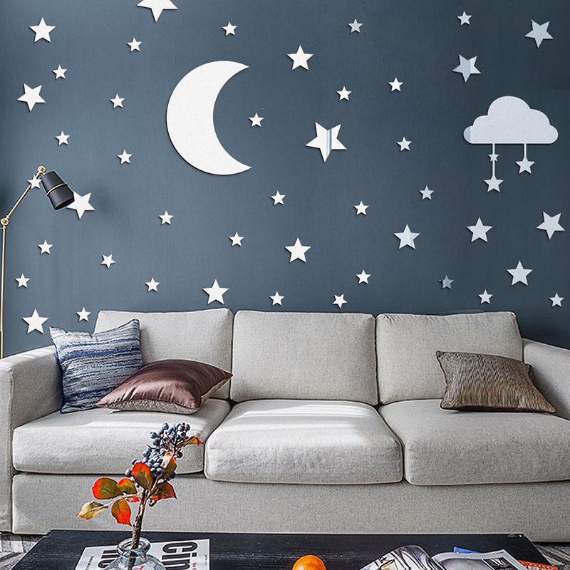 JM673 Large And Small Stars Moon Clouds Set Acrylic Mirror Sticker 3D Self-Adhesive DIY Cartoon Mirror Wall Sticker