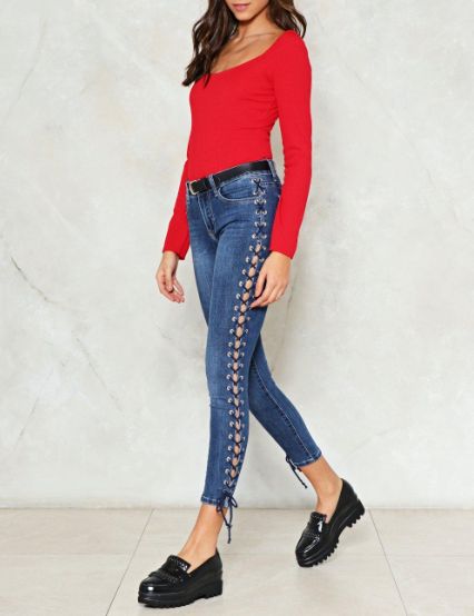 Women's Skinny Jeans Low Waist with side slit lace strips - Premium Fabric - Versatile Wear