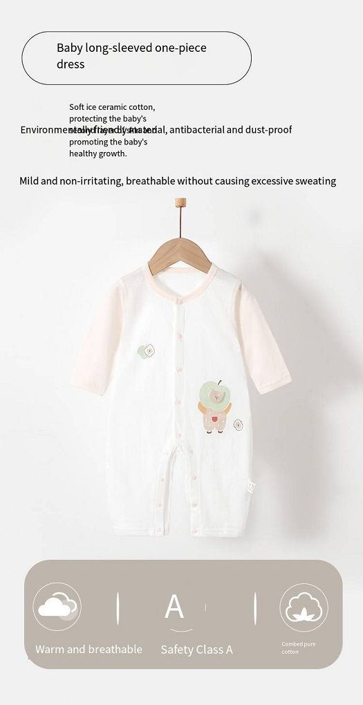 Baby Summer Ice Ceramic Cotton Romper, Long Sleeve No Bone Stitching Jumpsuit, Breathable Thin Infant Onesies with Snap Closure, 66-90cm