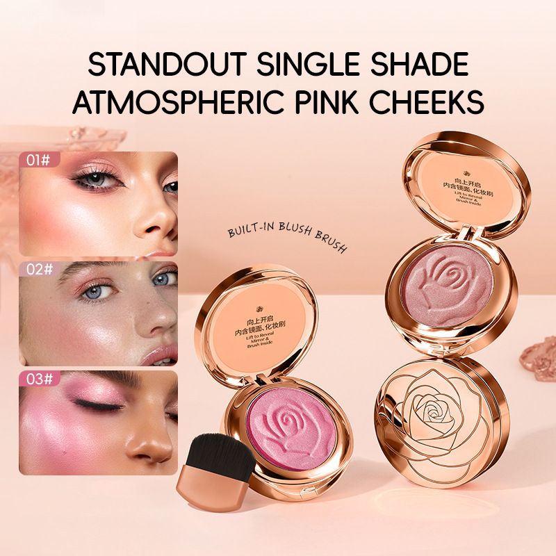 Rose Embossed Shimmer Blush Powder, 3 Colors Optional Natural Glow Cheek Blush, Long Lasting High Pigment Lightweight Blush for Daily Makeup

