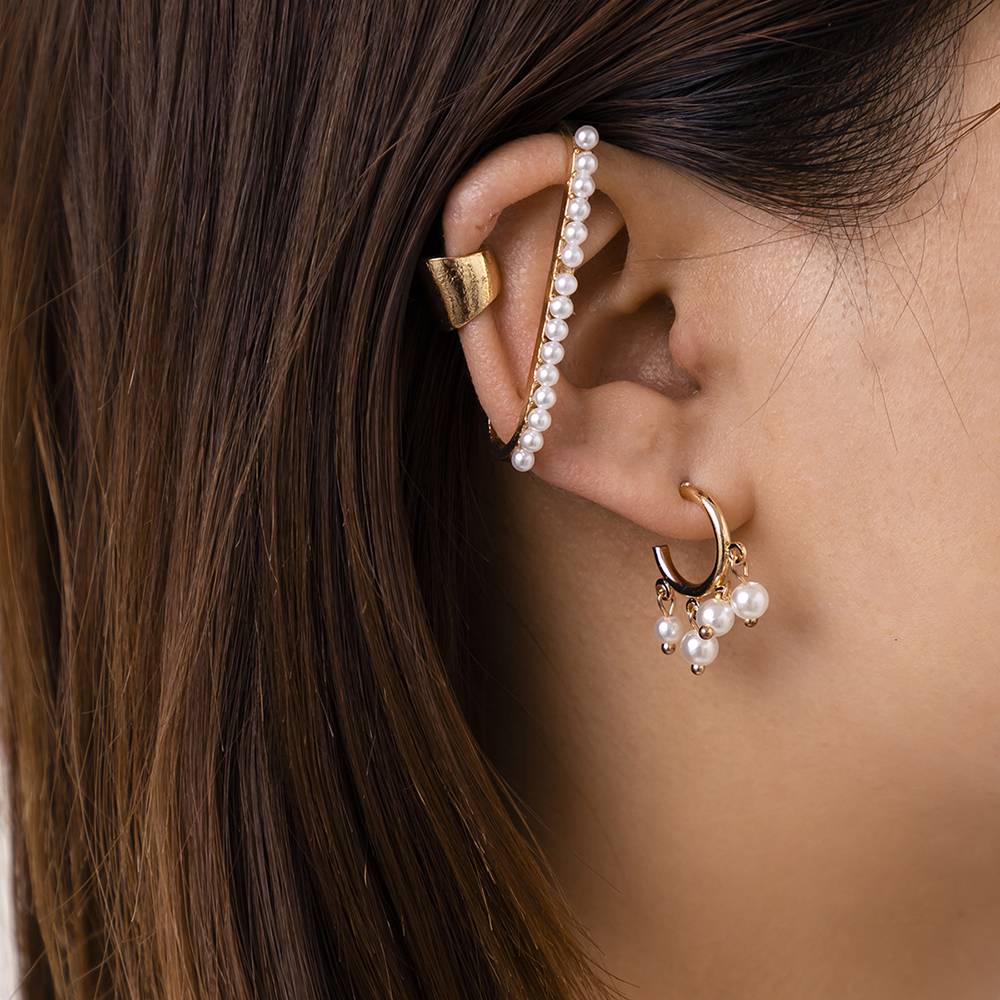 X01872K1 Personality Clip Earring Ear Cuff with Faux Pearl Decor Faux Pearl Beaded Hoop Earrings Sets
