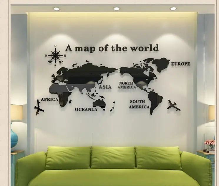 Mirror World Map Acrylic 3D Wall Stickers, Living Room, Bedroom, Office, Home Decor