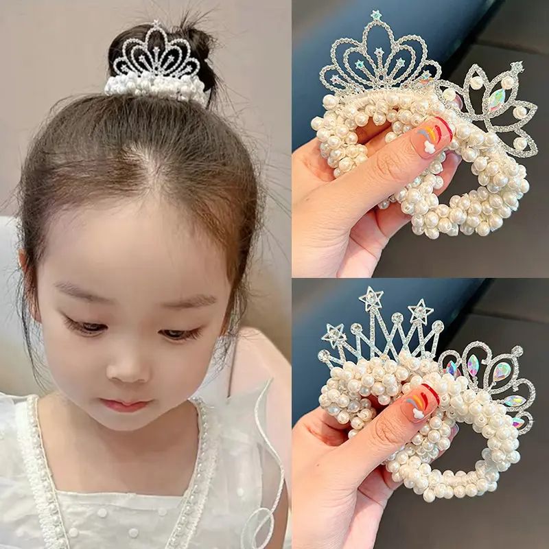 2pcs Fashion Pearl Crown Princess Hair Bands Elastic Rubber Bands Children Ball Hair Bun Ties Hair Styling Accessories
