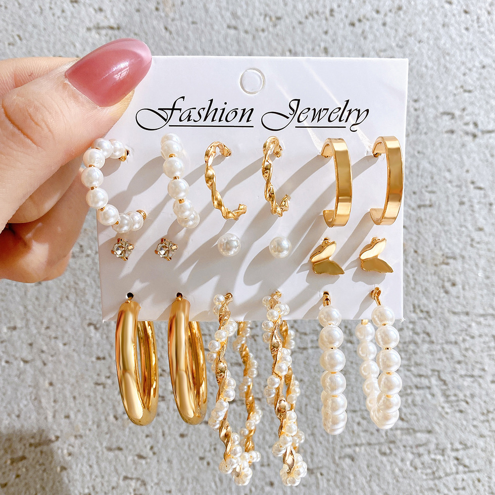5603401 Trend Big Pearl Drop Earrings Set For Women Fashion Gold Color Geometric Circle Chain Earrings 9 Pairs Set of Earrings Jewelry