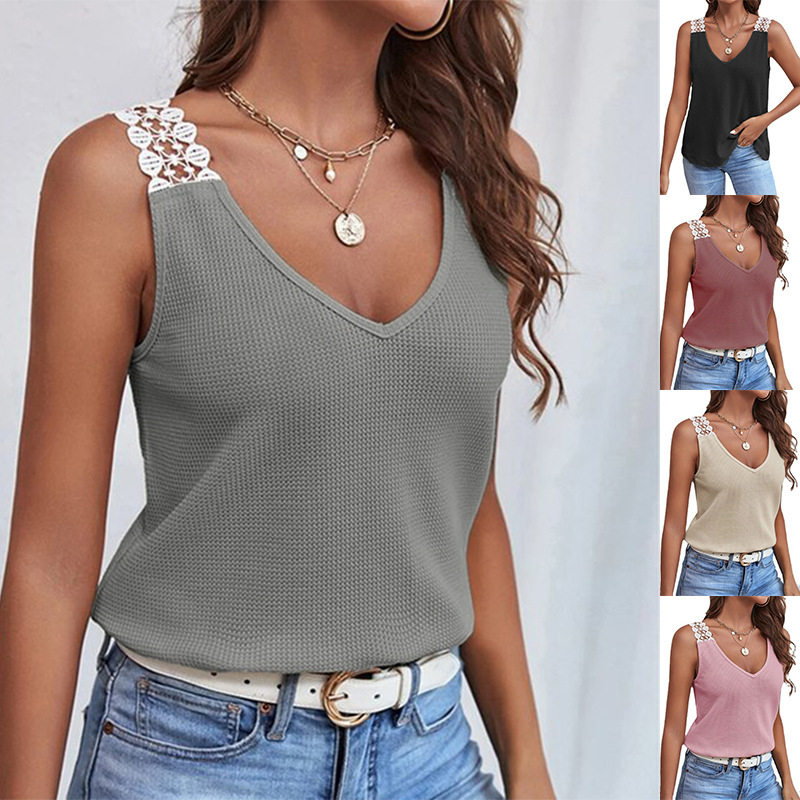 YC230528 Women's Sleeveless Lace T-Shirt Solid Color Casual Knit Vest
