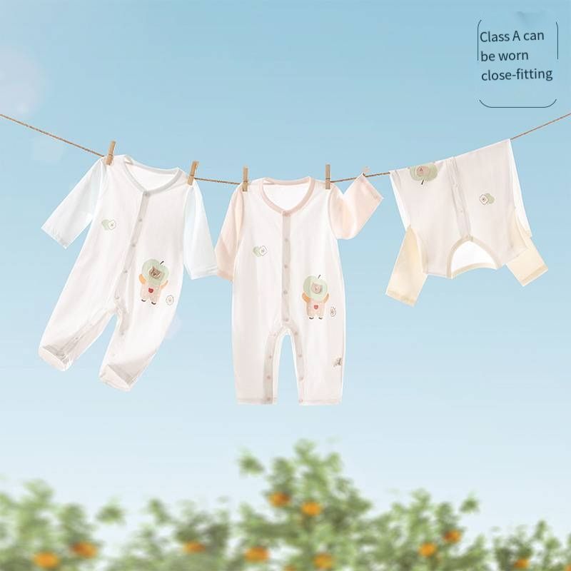 Baby Summer Ice Ceramic Cotton Romper, Long Sleeve No Bone Stitching Jumpsuit, Breathable Thin Infant Onesies with Snap Closure, 66-90cm