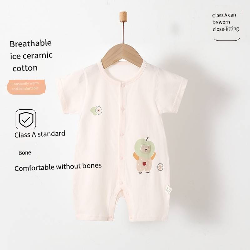 Baby Summer Ice Ceramic Cotton Romper, Short Sleeve No Bone Stitching Onesie, Breathable Infant Jumpsuit with Apple Bear Print, 66-80cmApple Bear (Pink)