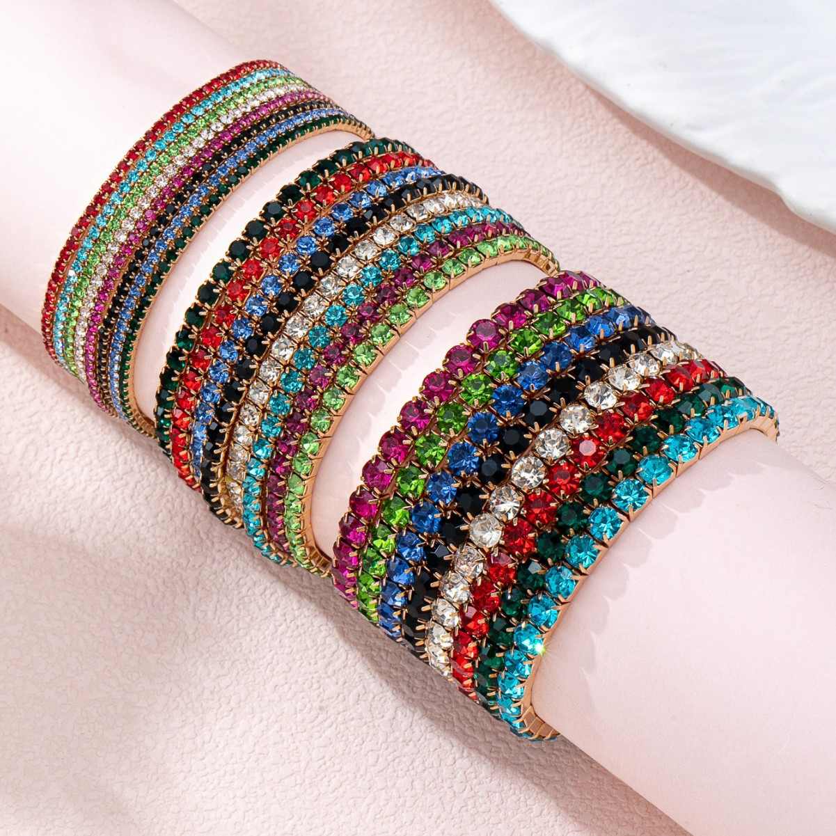 Colorful Stackable Rhinestone Bracelet Set, Multi-Color Candy Beaded Bangles, Sparkly Layered Fashion Jewelry for Women, Sweet & Stylish Mixed Color Bracelets for Daily & Party Wear
