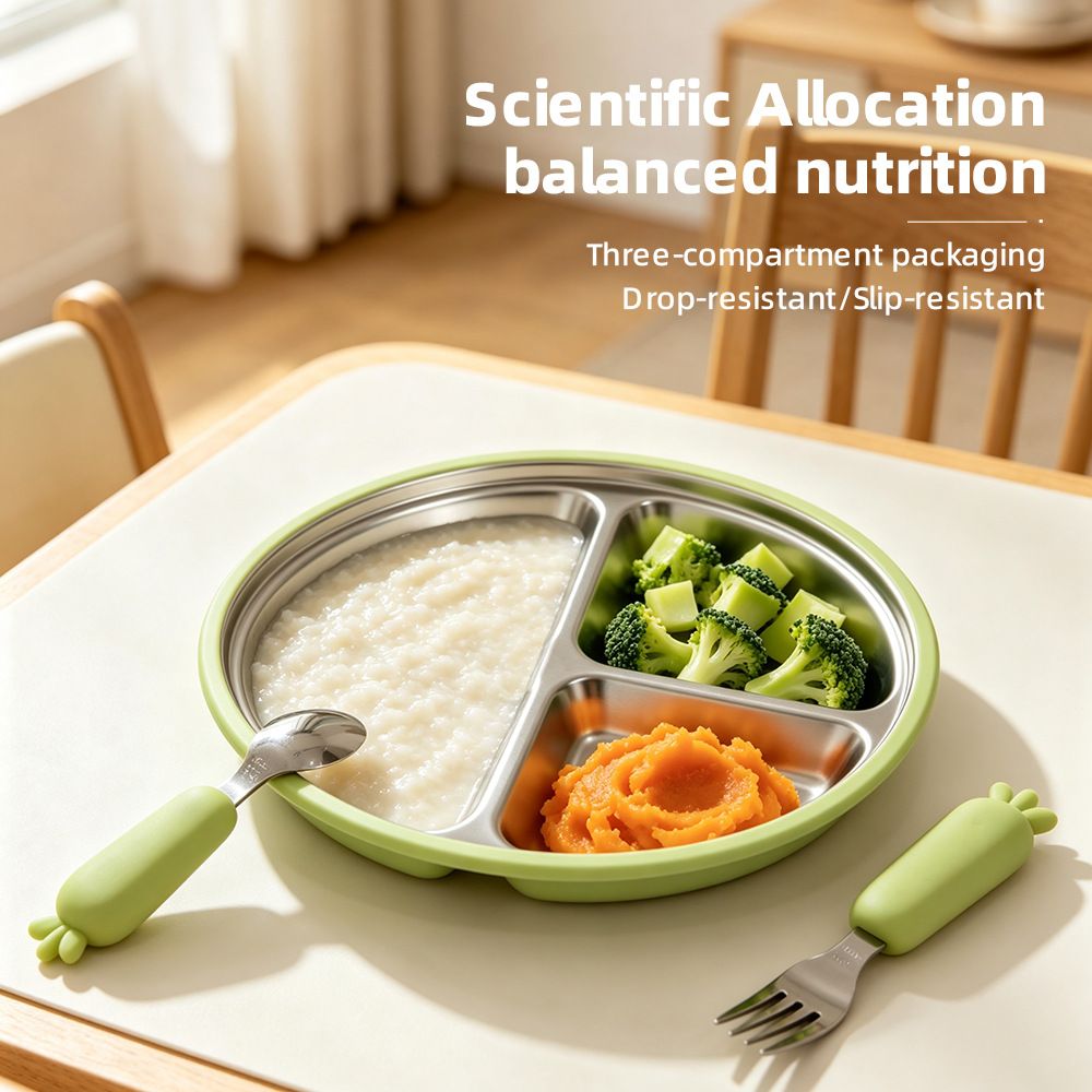 3‑Piece Kids Divided Plate Set, Stainless Steel Baby Feeding Plate with Compartments, Toddler Training Dinnerware with Silicone Handle Fork Spoon, Drop‑Resistant Anti‑Slip Baby Food Tray for Self‑Feeding, Home Daily Baby Tableware Gift