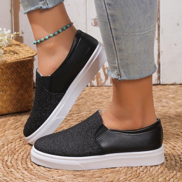 New casual large size round head elastic foot loafers flat sequin women's single shoes 039-2