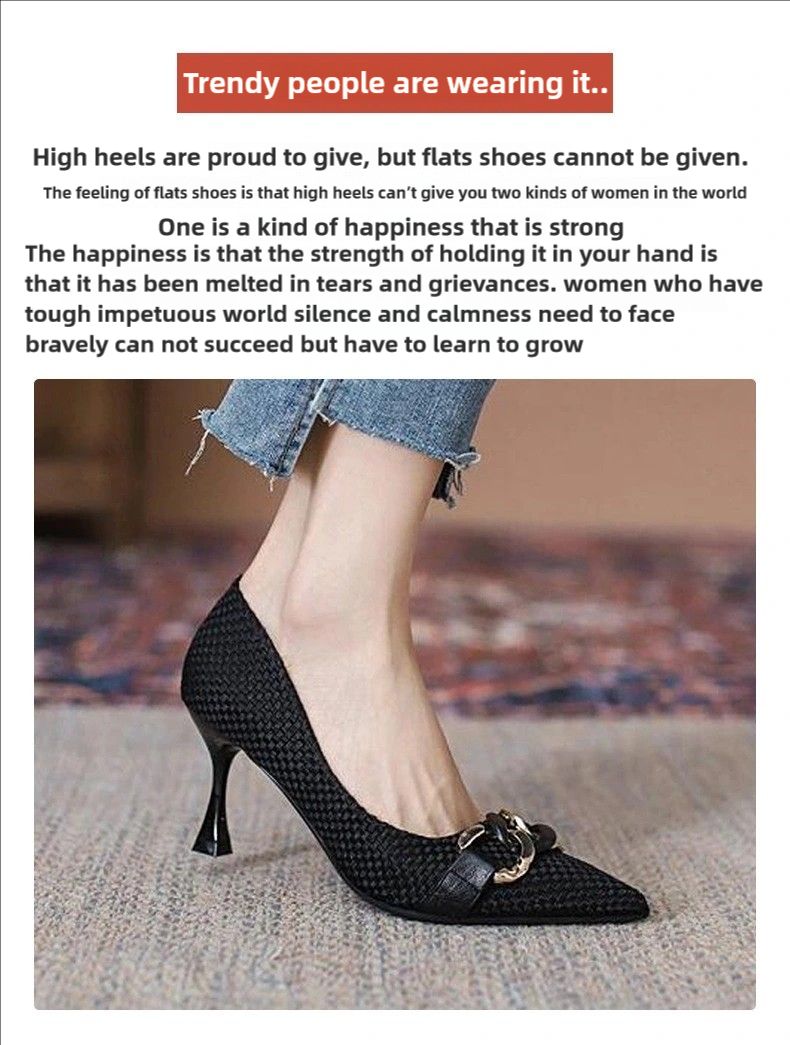 New Women's Single Shoes,High Heels,with Metal Chain, Niche and Versatile, Shallow Mouth, Stiletto Heel, Pointed Toe. Pointed Toe and Versatile Single Shoes for All Seasons with Stiletto Heel and Breathable Soft Leather for Professionals.Size 37-41.