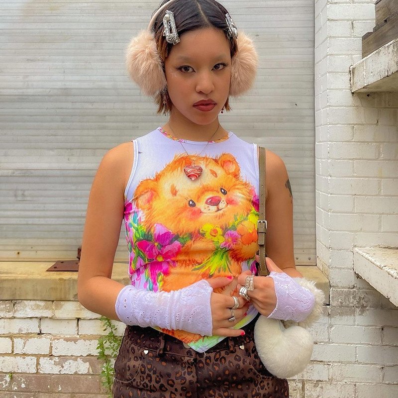K22B12036 Crop Top Y2K E-Girls 90s Sleeveless Tank Top Cute Bear Graphic Print Summer Vest Tops