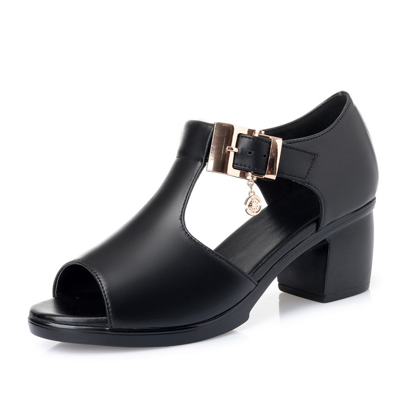 Women's Fashion PU High Chunky Heel Buckle Ankle Strap Open Toe Sandals Mommy ShoesBlack