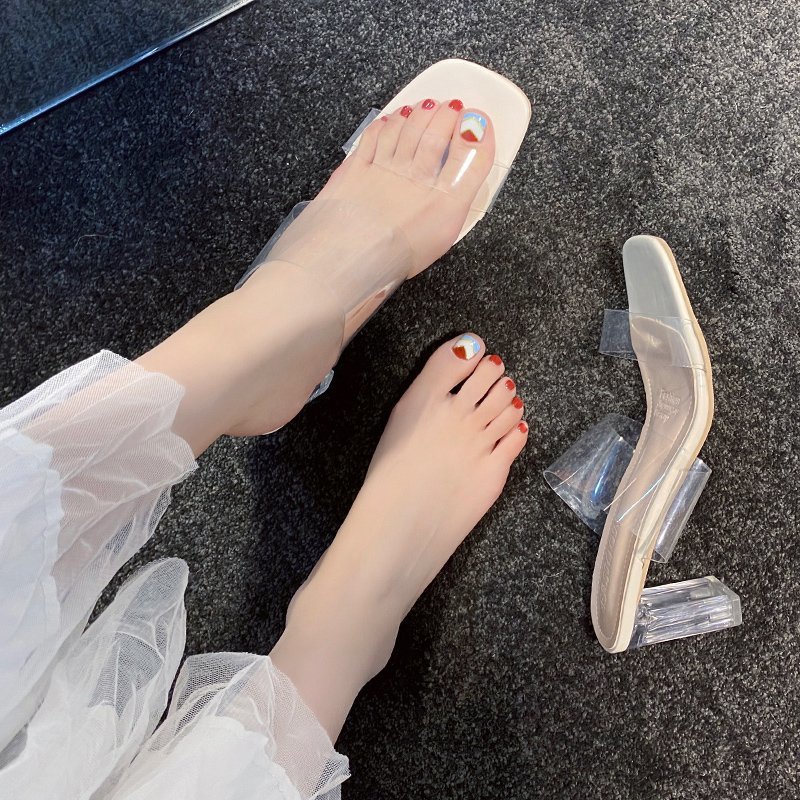 600 Women Summer 2021 Girl Sexy Clear  Round Heel Open Toe High Heel Slippers Shoes