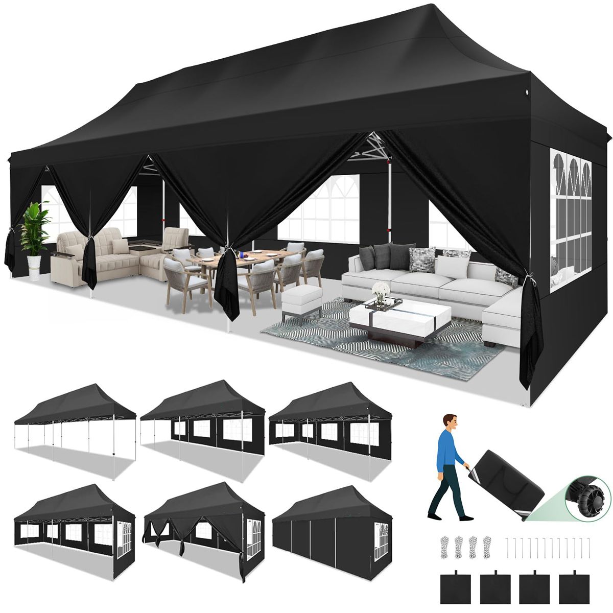 Canopy 10x20 Pop Up Canopy Tent with 6 Sidewalls, Waterproof Commercial Canopy Ez Outdoor Instant Gazebo UV Protection 50+ Event Shelter, Garden Tents for Parties with Sandbags, Black