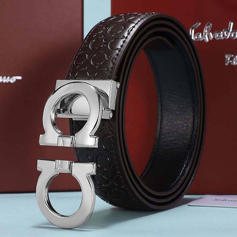 Men's Fashion Business Alloy Smooth Buckle Belt Casual Youth Genuine Leather BeltCoffee Silver