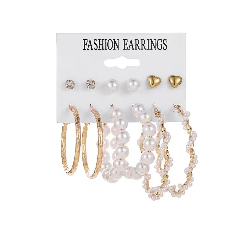 【Linhui】6 in 1/set  Pearl Set Earrings Personality decoration Female fashion
