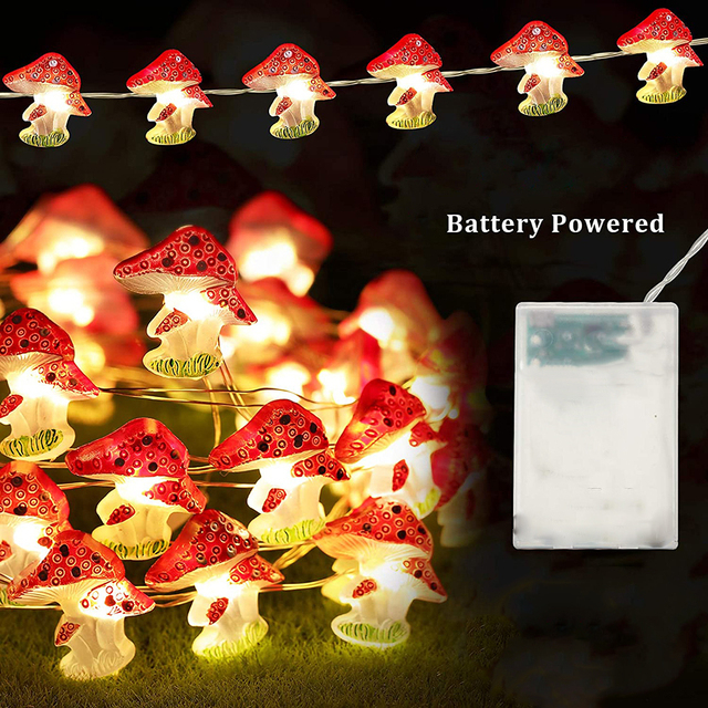 Holy Fire New Battery Operated 3D Stereo Mushroom Copper Wire DIY Fairy String Lamps 20/30Leds Mushroom String Lights For Patio Decor