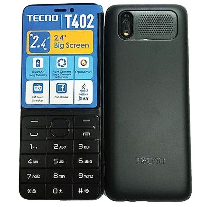 Tecno T402 - Triple Sim – 4MB ROM – 4MB RAM Feature Phone   Display: 2.4 QVGA Camera: 0.08MP Back with flash+ 0.08MP Front Camera Memory:8MB ROM+8MB RAM Expandable Micro SD up to 64GB Battery Capacity:1500mAh- FM Radio